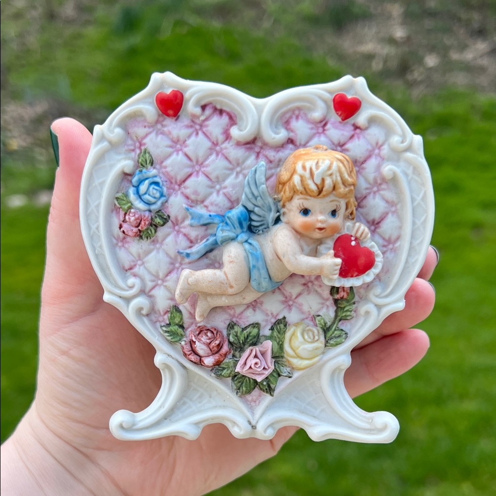 Vintage Relpo Bisque Porcelain Cupid & Quilted Heart Valentine Vase Planter
